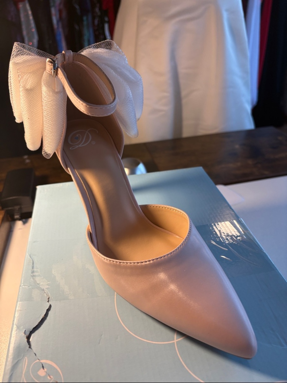 Women's Blush Pointed-Toe Ankle-Strap Pump with Tulle Bow